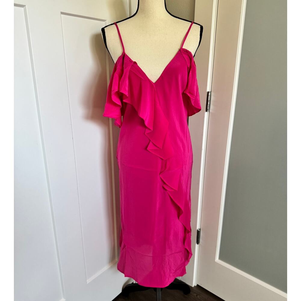 NEW Gold Hawk 100% Silk Hot Pink Midi Slip Dress Spaghetti Strap Ruffle